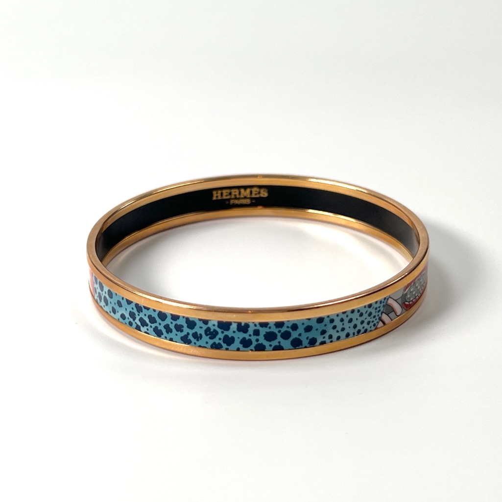 Herms Thin Rose Gold Printed Enamel Bangle Blue Leopard